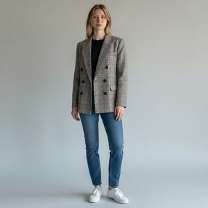 Zara Plaid Double Breasted Tailored Blazer Medium